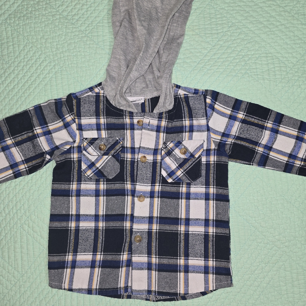 Kids' Blue Plaid Shirt with Gray Hood